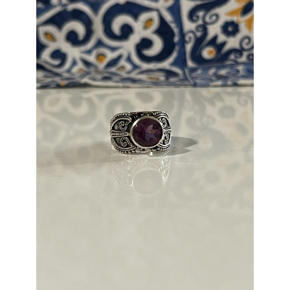 Elegant Purple Stone 925 Silver Ring with Intricate Details | Thai Made, Size 8